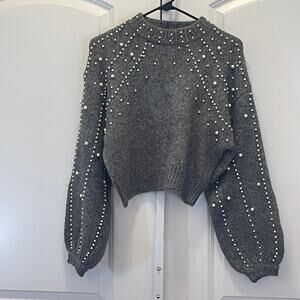 Zara Pearl Embellished Cropped Sweater - Women Size S - Gray